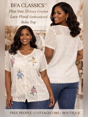 BFA Classics Women Plus Size 3X Ivory Crochet Lace Floral Embroidered Boho Blous